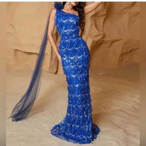 Royal Blue Sequin One-Shoulder Gown